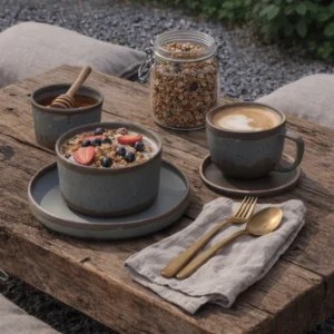 Handmade ceramic breakfast set with plate, bowls and coffee cup with saucer on rustic wooden table